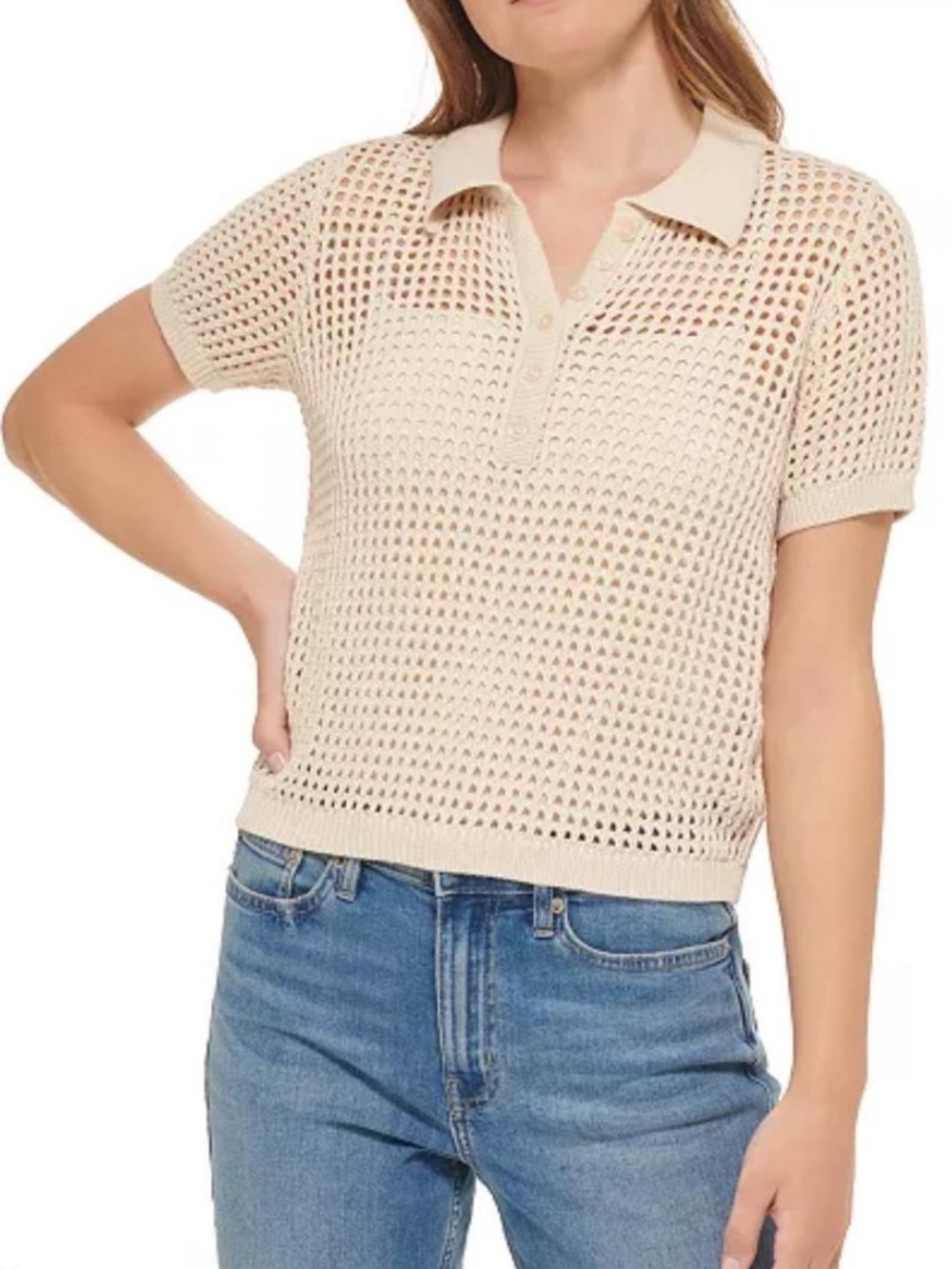 Calvin Klein Jeans Beige Open-Knit Polo Sweater